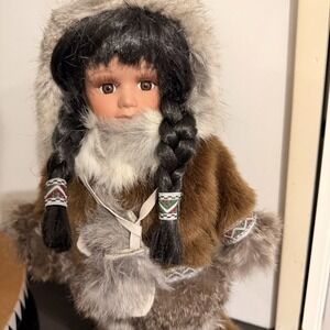 Alaskan Genuine Porcelain Eskimo Doll 16"   Authentic Collectible Figurine Stand